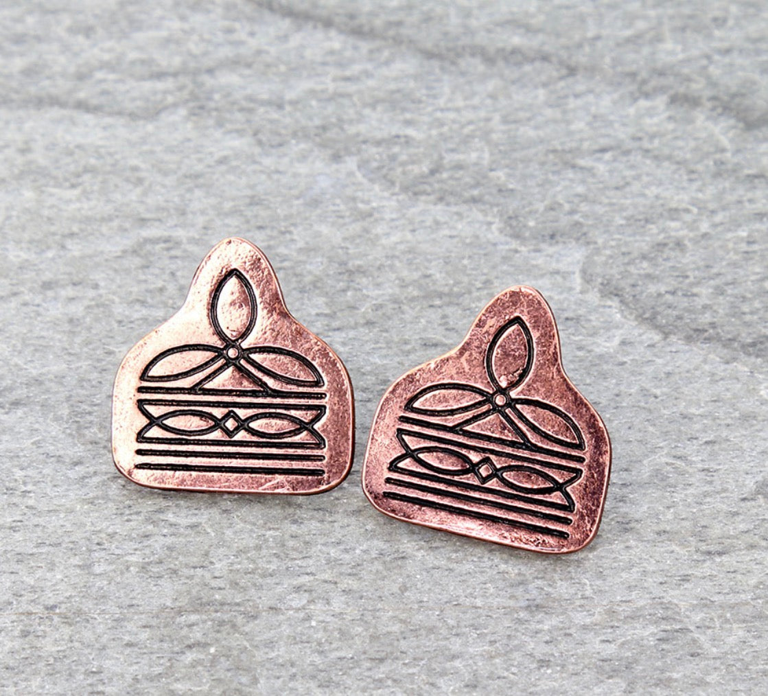 Western Boot Stitch Ear Tag Stud Earrings - Copper