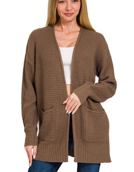 Low Gauge Waffle Open Cardigan Sweater - Brown