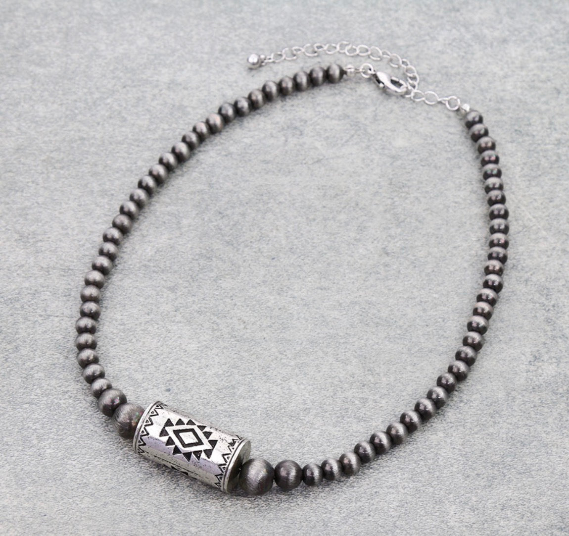 Western Navajo Style Pearl and Aztec Barrel Bead Necklace