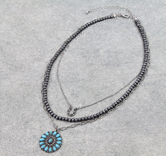 3 Layered Western Concho Stone Necklace