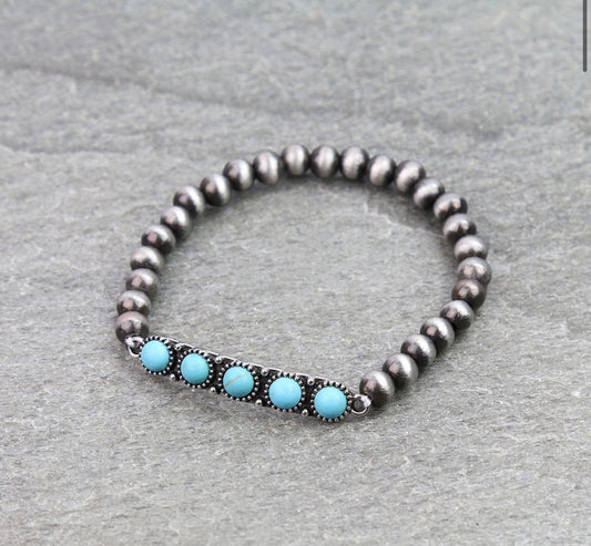 Western Style Stone Bar Stretch Bracelet - Turquoise