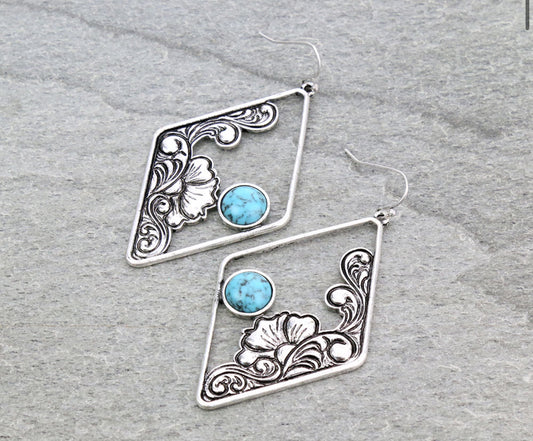 2.5″ Floral Pattern Casting with Stone Dangle Earrings