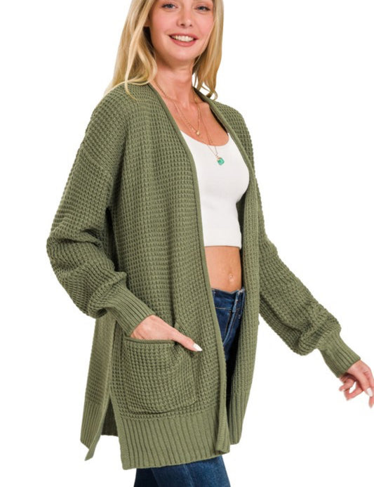 Low Gauge Waffle Open Cardigan Sweater - Light Olive Green