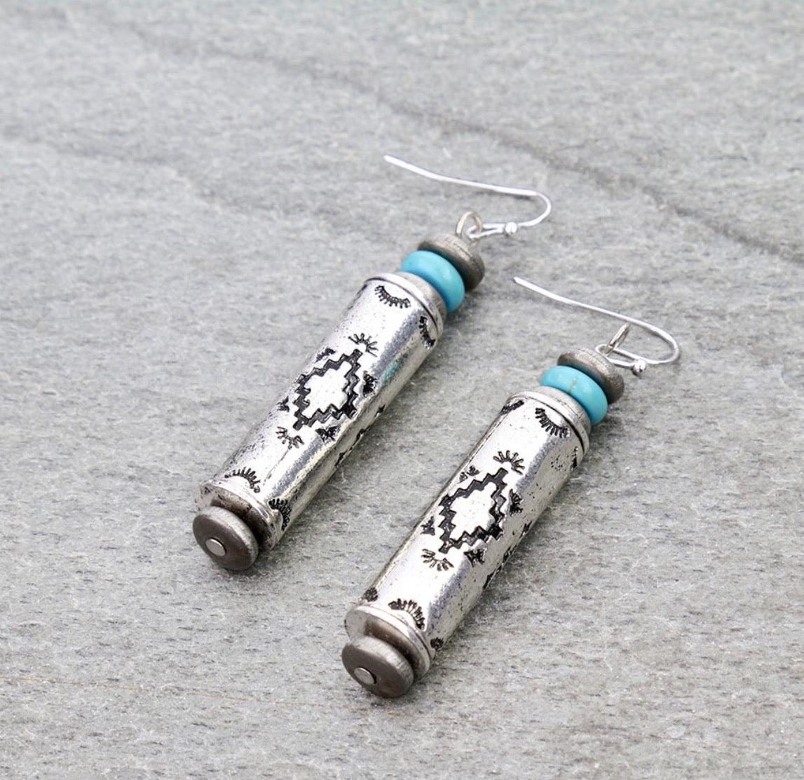 Western Navajo Style Pearl and Aztec Barrel Bead Dangle Earrings - Turquoise