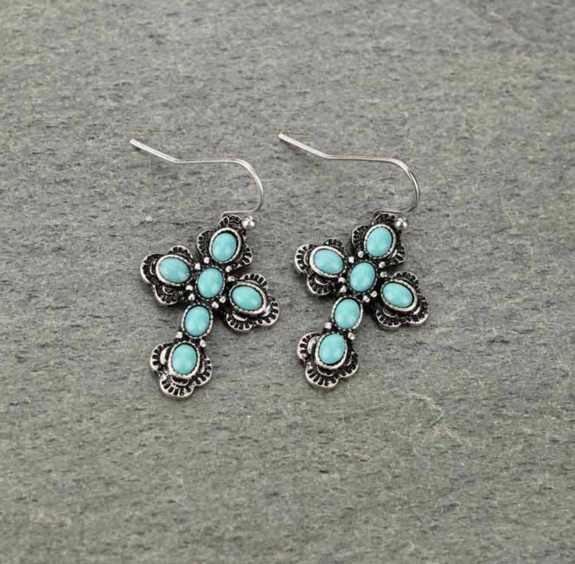 Western Turquoise Cross Fish Hook Earrings - Turquoise