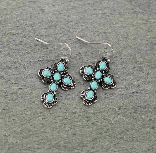 Western Turquoise Cross Fish Hook Earrings - Turquoise