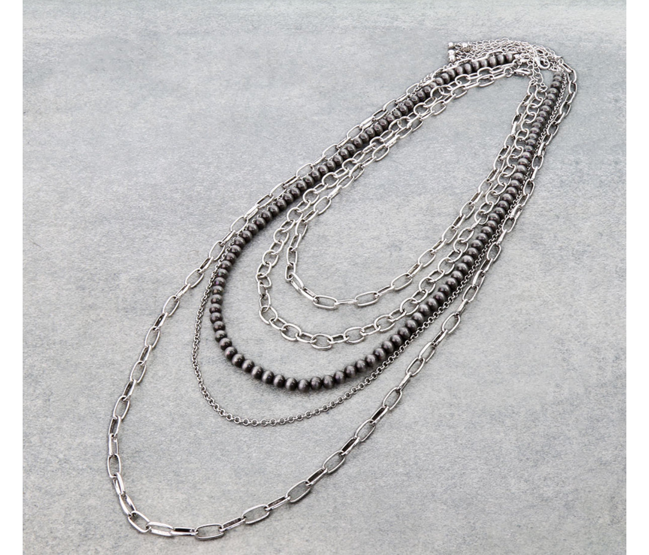 5 Layered Navajo Style Pearl and Chain Necklace - Silver