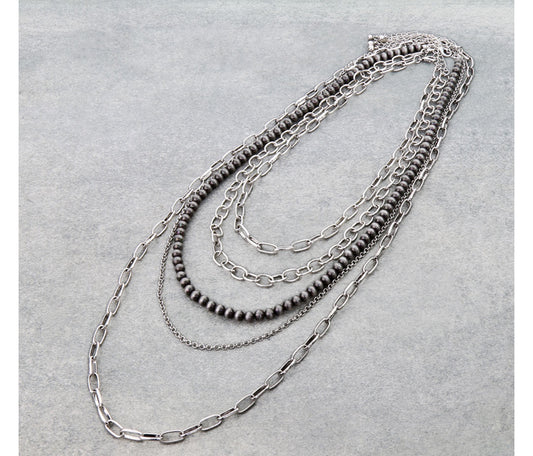 5 Layered Navajo Style Pearl and Chain Necklace - Silver