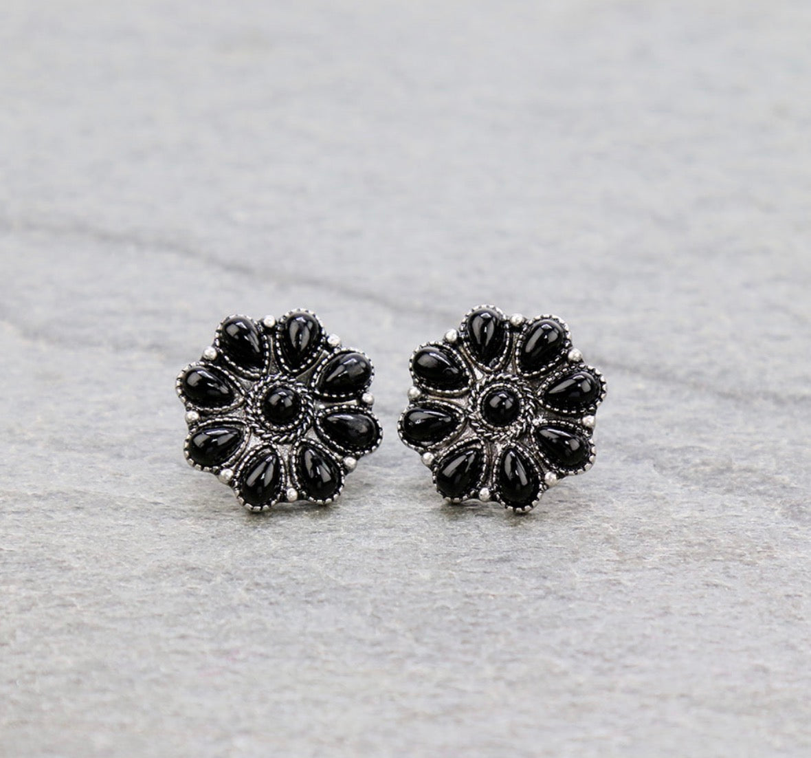 Western Concho Stone Stud Earrings - Black