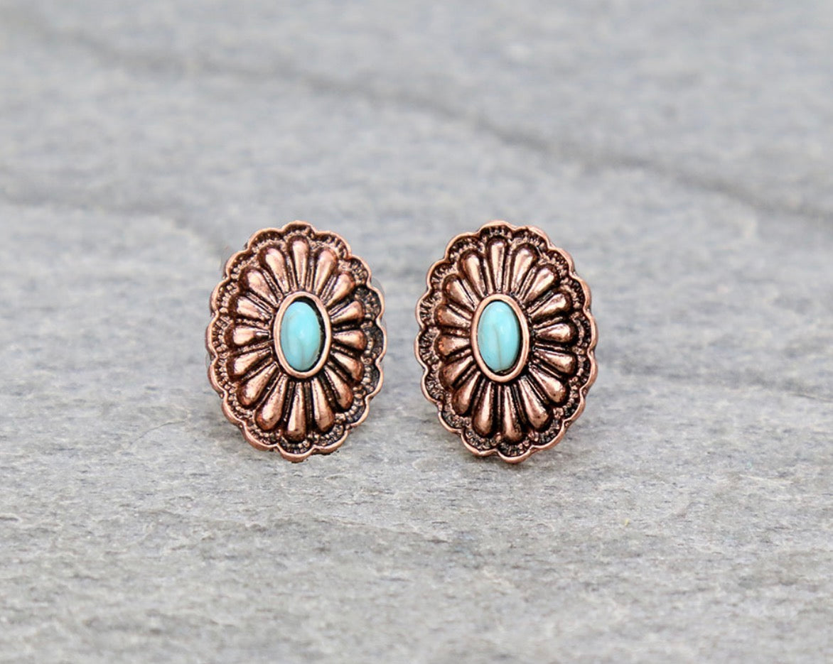 Western Concho Stud Earrings - Copper