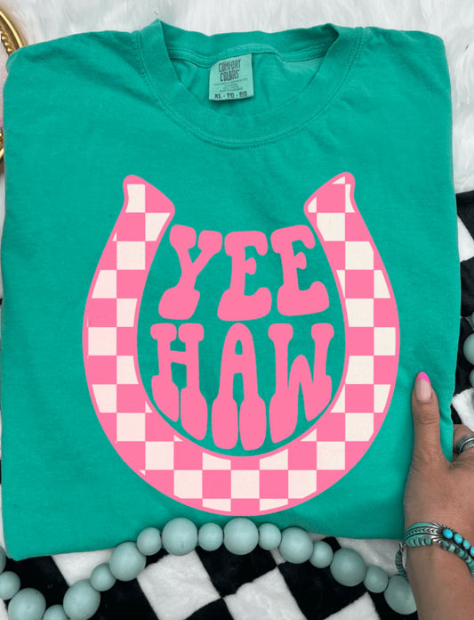 Yee Haw Pink Checkered Horseshoe Tee