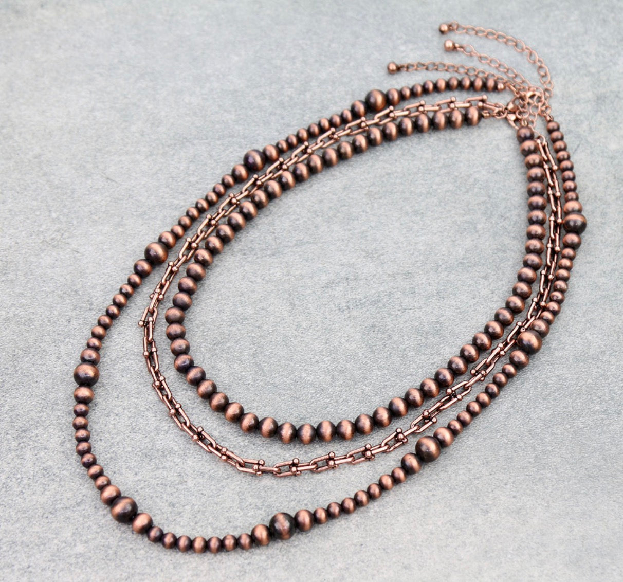 3 Layer Navajo Style Pearl & Chain Necklace - Copper