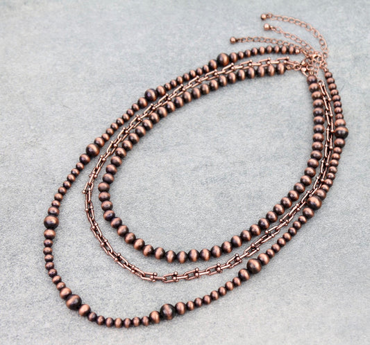 3 Layer Navajo Style Pearl & Chain Necklace - Copper