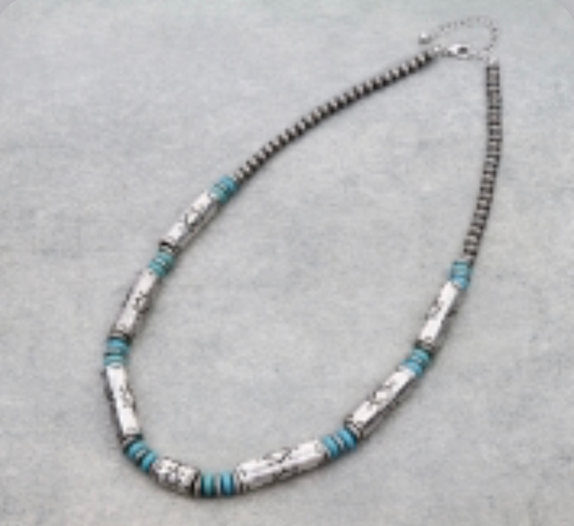 Western Navajo Style Pearl and Aztec Barrel Bead Necklace - Turquoise & Silver