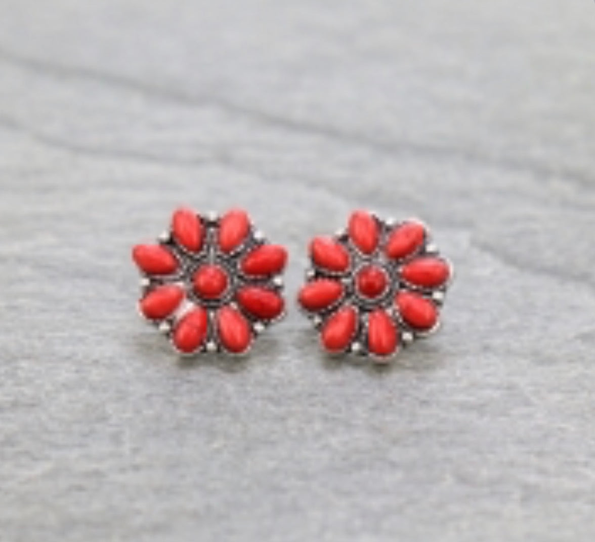 Western Concho Stone Stud Earrings - Red