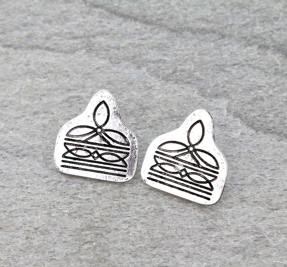 Western Boot Stitch Ear Tag Stud Earrings - Silver