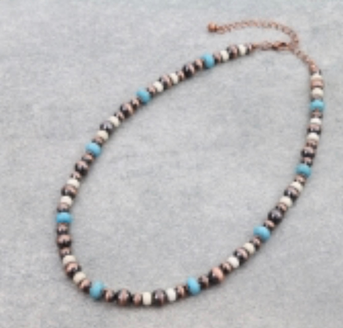 Navajo Style Pearl & Bead Necklace - Copper, Ivory, & Turquoise