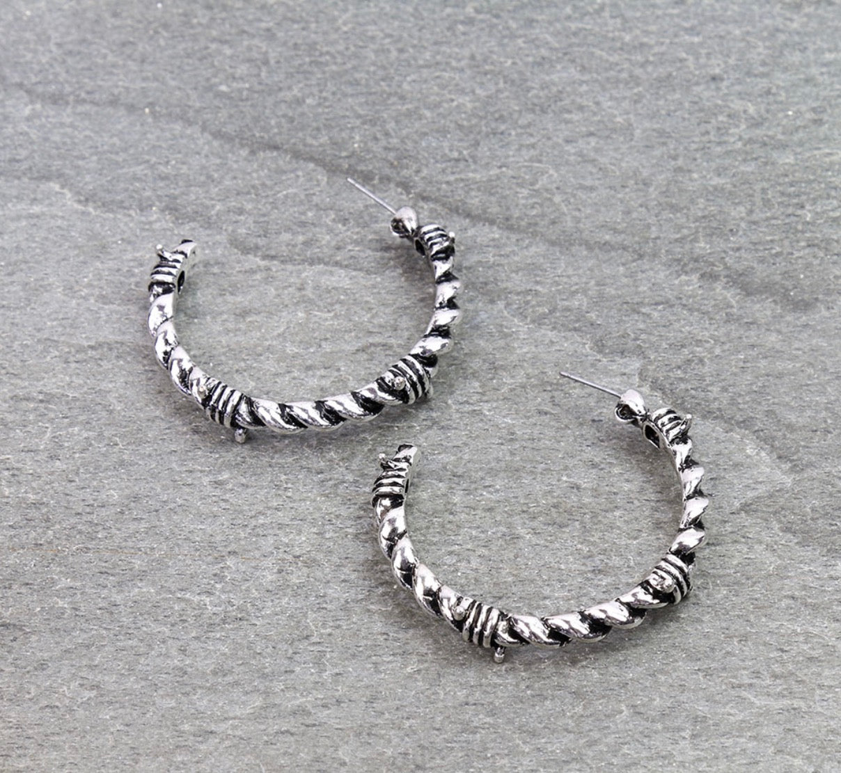 Western Barbed Wire Hoop Earrings - Silver