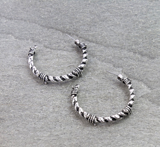 Western Barbed Wire Hoop Earrings - Silver