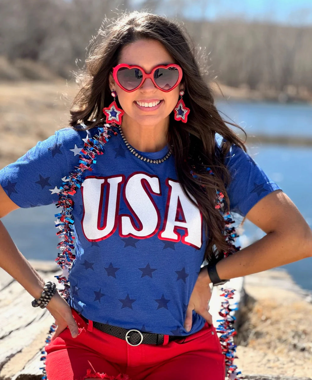 USA In Glitter & Metallic Puff Stars Tee