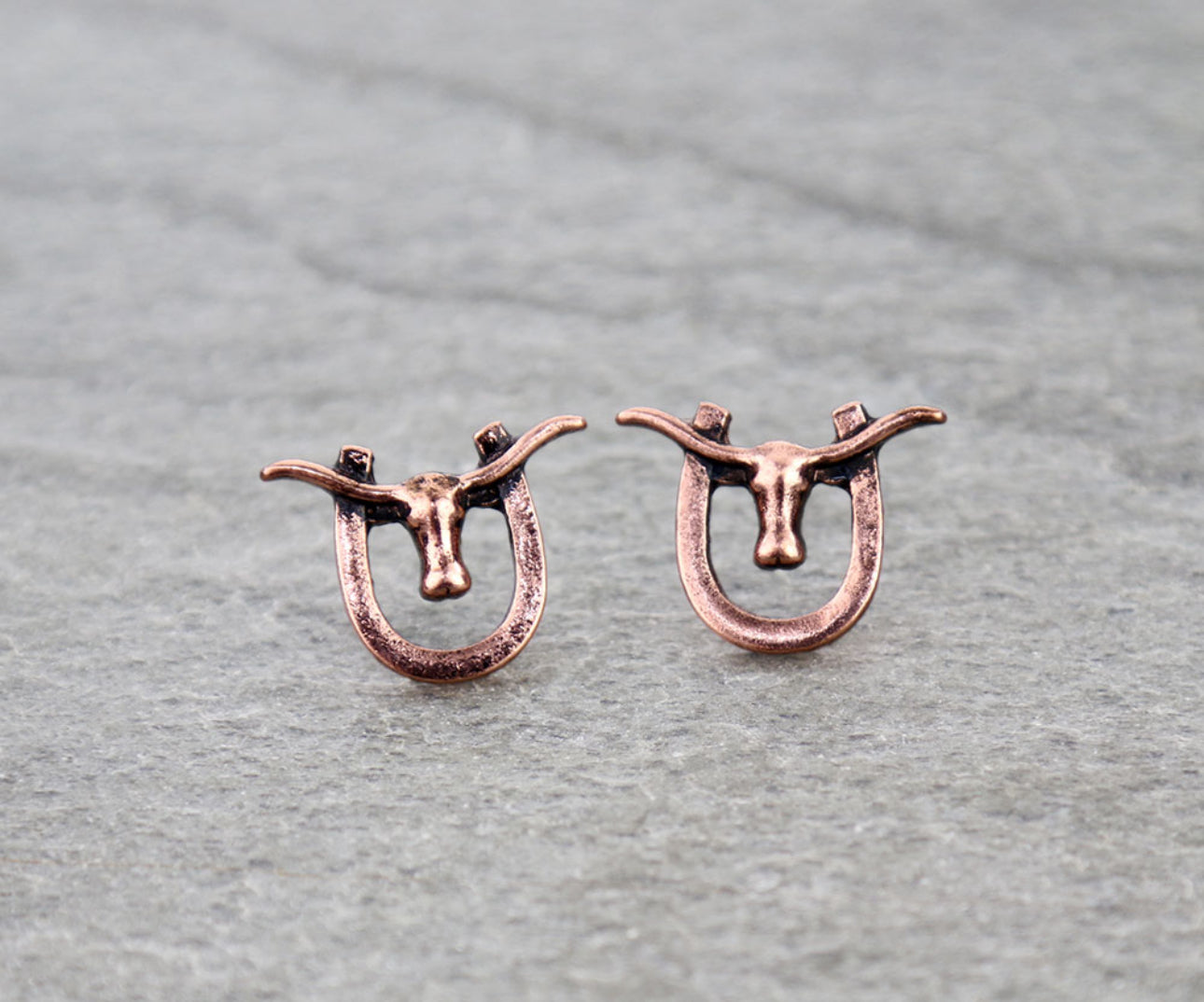 Western Longhorn Horseshoe Stud Earrings - Copper