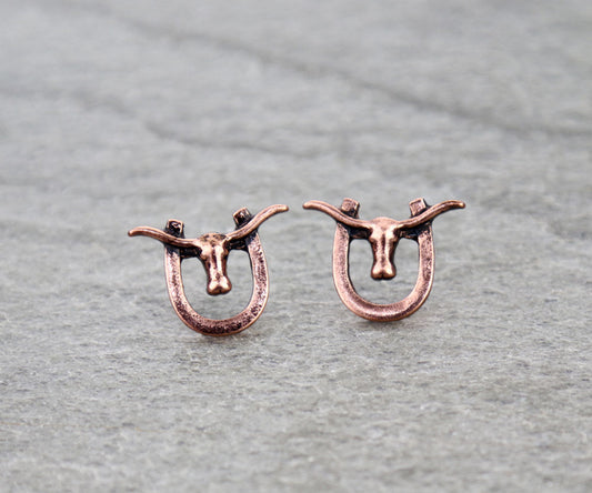 Western Longhorn Horseshoe Stud Earrings - Copper