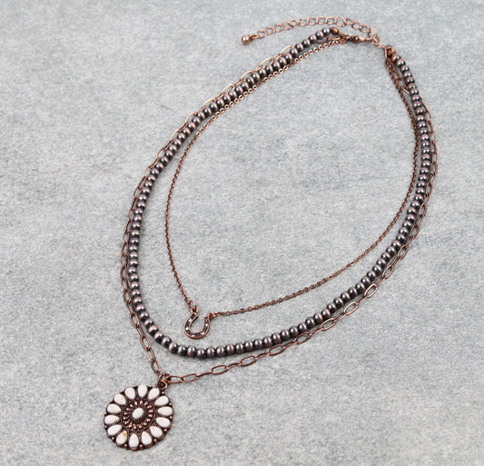 3 Layered Western Concho Stone Necklace - Copper