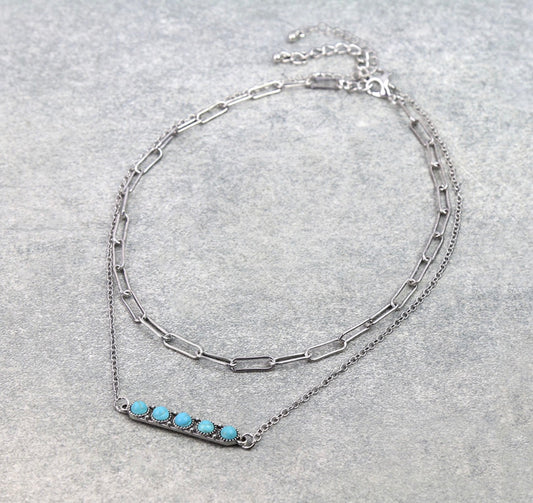 2 Row Western Style Bar Chain Necklace - Turquoise