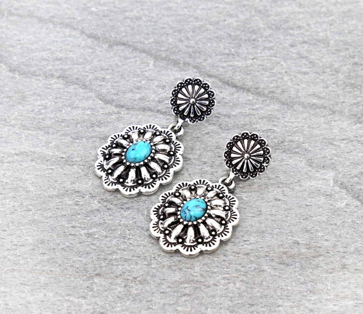 Western Concho Stone Stud Earrings - Turquoise