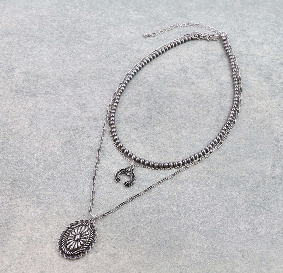 3 Row Western Concho and Squash Blossom Necklace - Silver