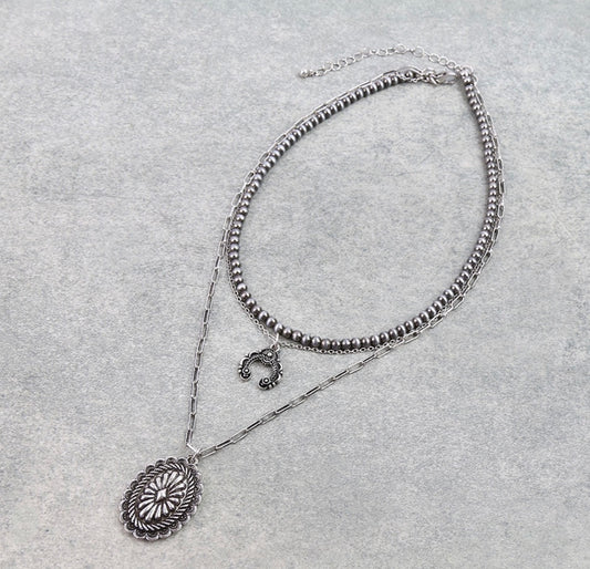 3 Row Western Concho and Squash Blossom Necklace - Silver