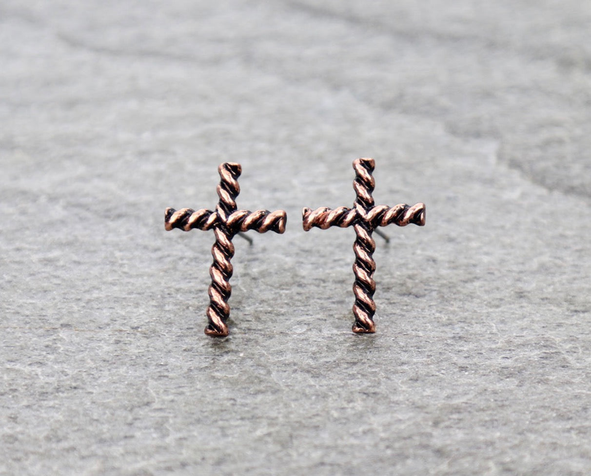 Western Rope TXR Cross Stud Earrings - Copper