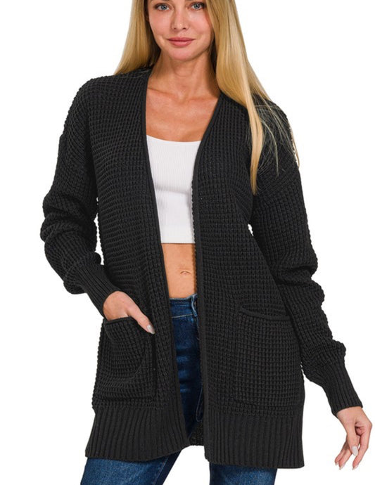 Low Gauge Waffle Open Cardigan Sweater - Black