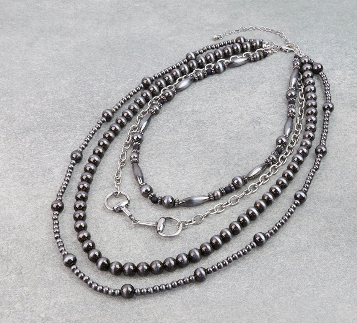 4 Layered Navajo Style Pearl and Horsebit Necklace - Silver