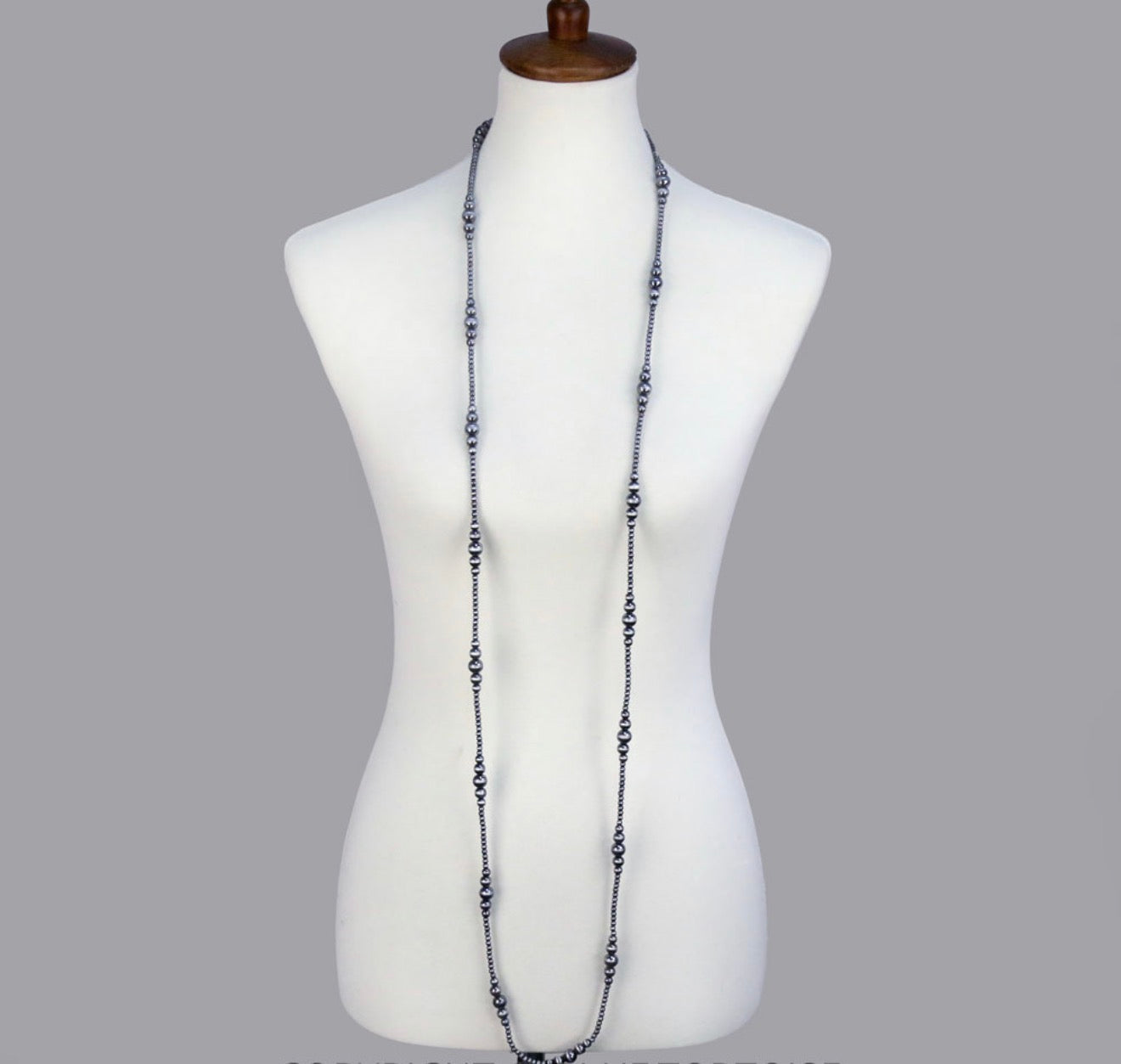 Navajo Style Bead Necklace - Graduated 60” Silver