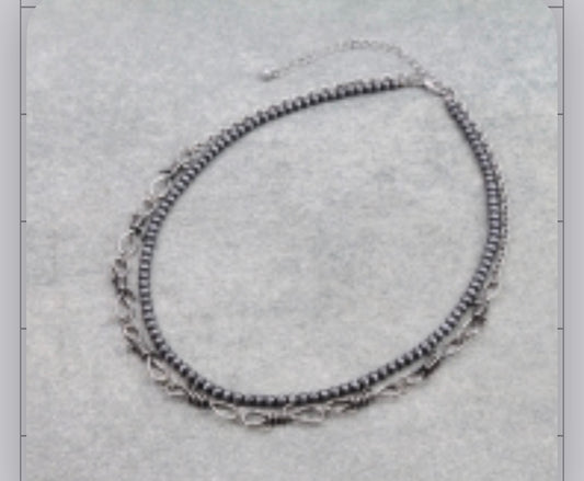 Navajo Style Pearl & Barbed Wire Necklace - Silver