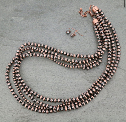 Navajo Style Pearl Layered Necklace Set - Copper
