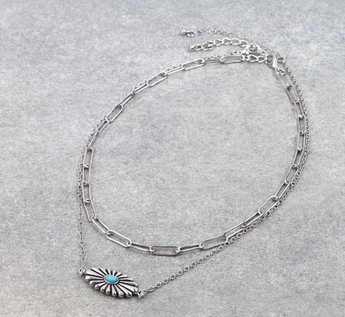 2 Row Western Style Concho Chain Necklace - Turquoise