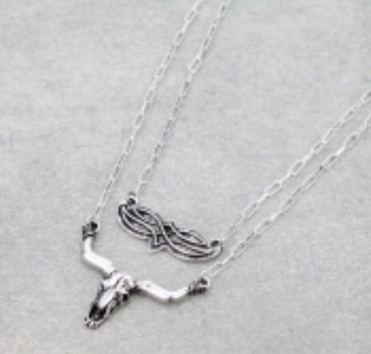 Western Steer Skull Boot Stitch 2 Layered Necklace