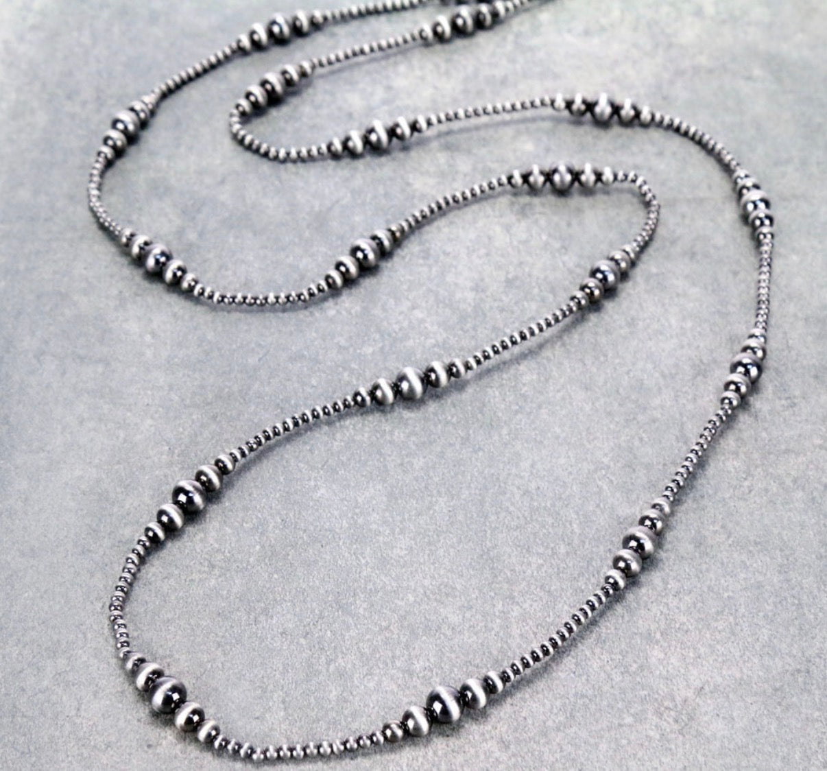Navajo Style Bead Necklace - Graduated 60” Silver