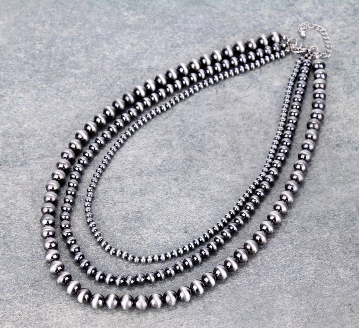 Navajo Style Pearl 3 Layered Necklace - Silver