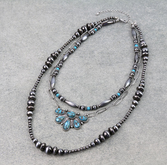 3 Layered Western Half Concho Stone Necklace - Turquoise