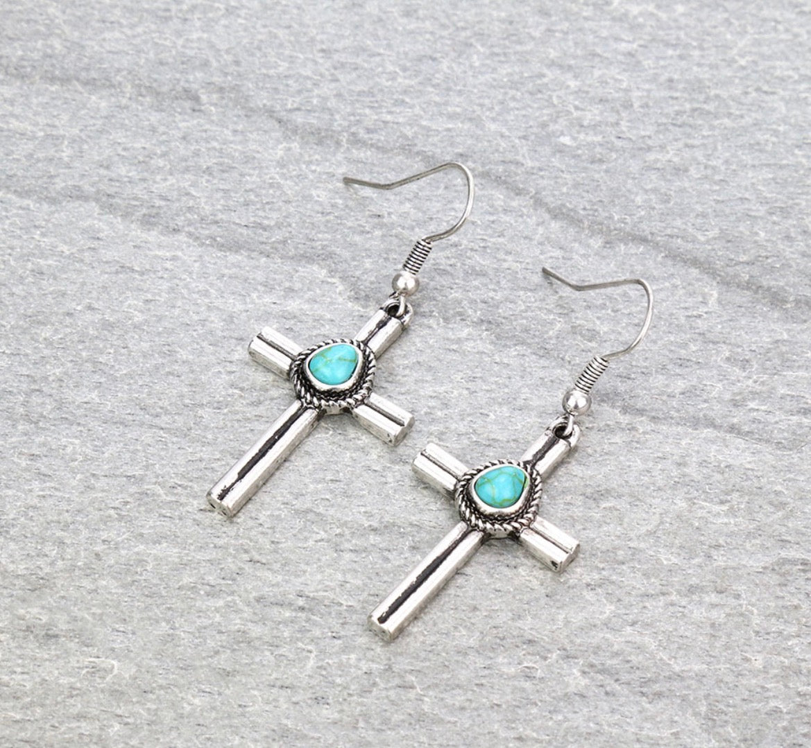 Western Cross Stone Dangle Earrings - Turquoise