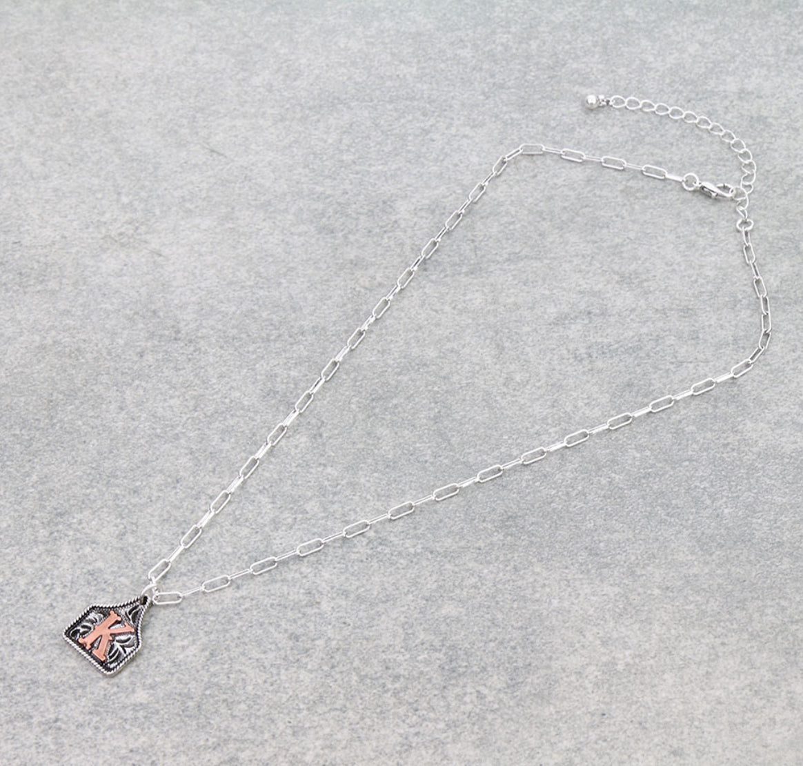 Western Etched Ear Tag Initial Necklace