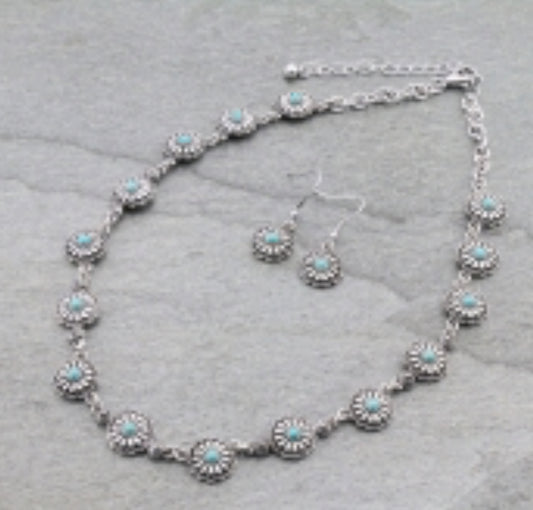 Western Concho Statement Necklace Set - Turquoise