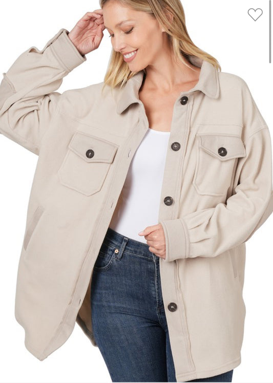 Oversized Basic Fleece Shacket - Sand Biege