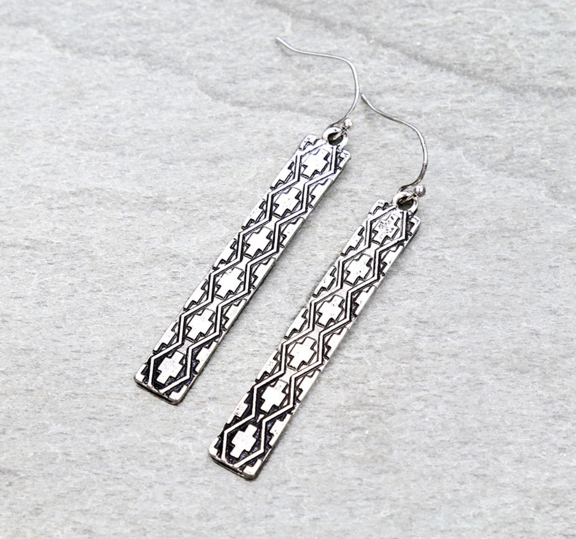 Western Bar Dangle Earrings - Silver Aztec