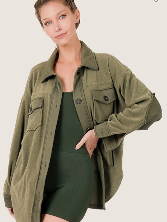 Oversized Basic Fleece Shacket - Olive