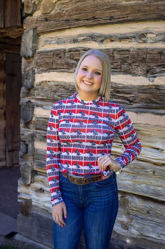 Rodeo print mesh long sleeve top