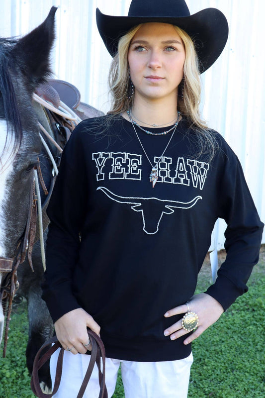 Yee Haw Longhorn LS Tee - Black